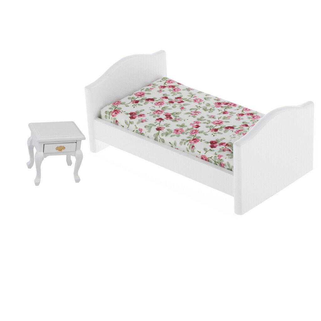 1:12 Scale Single Bed Floral Mattress Bedside Cabinet Furniture Accessory