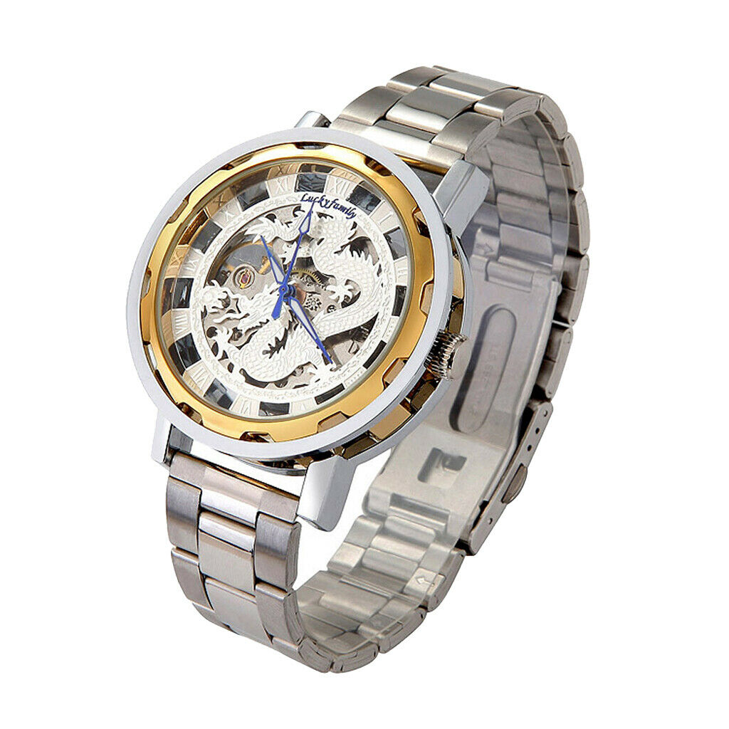 Mens Luxury Classic Skeleton Mechanical Watch Large Face Bracelet D