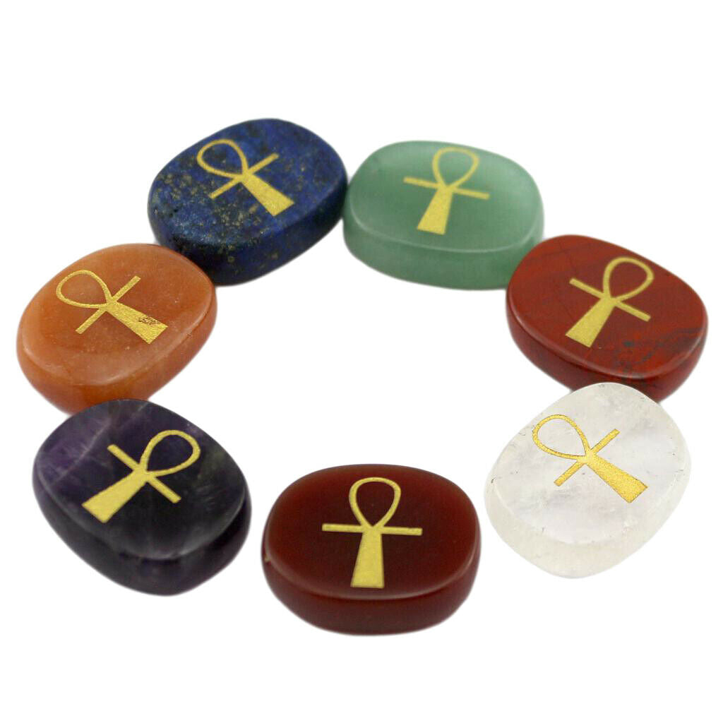 7 Pack Engraved Egyptian Ankh Cross Stone Palm Pocket Stone Divination Reiki