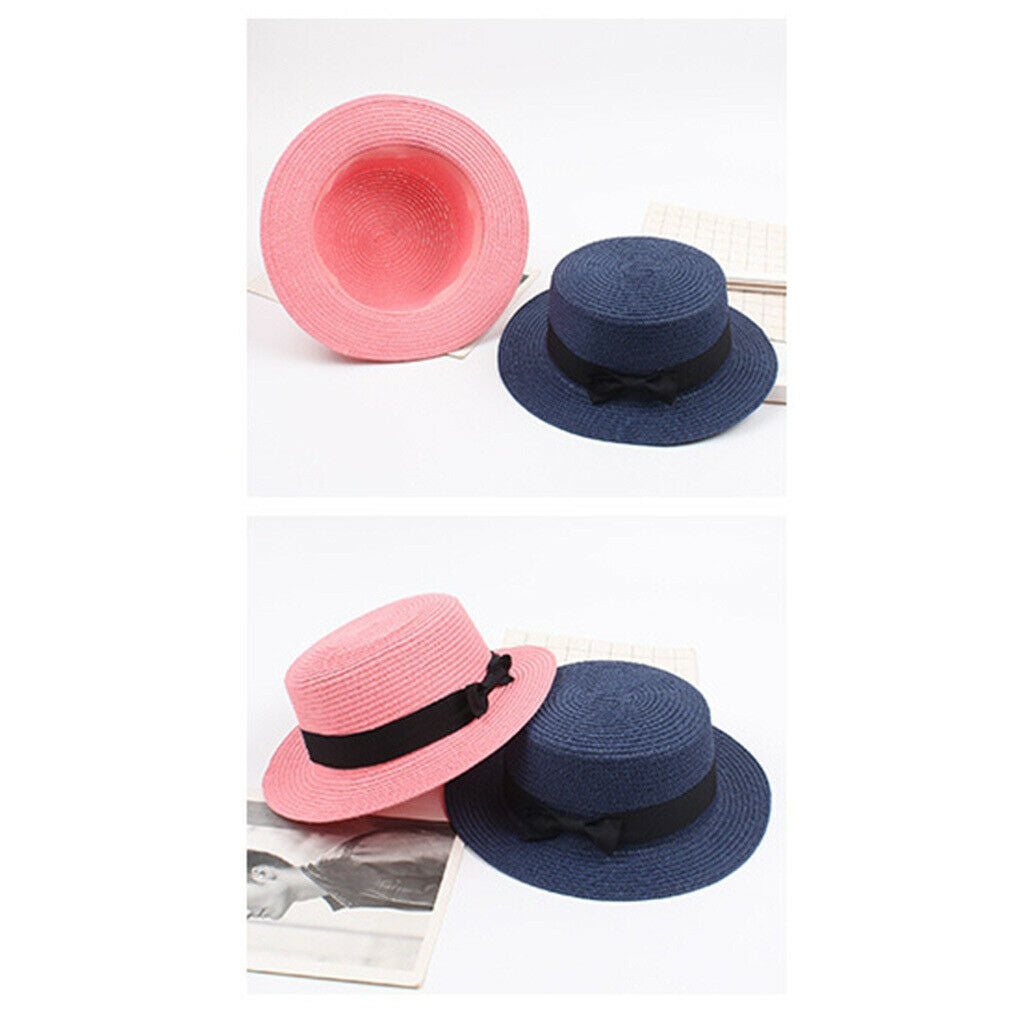 Church Bow Fedora Hat Breathable Wide Brim Sun Hat Summer Beach Navy