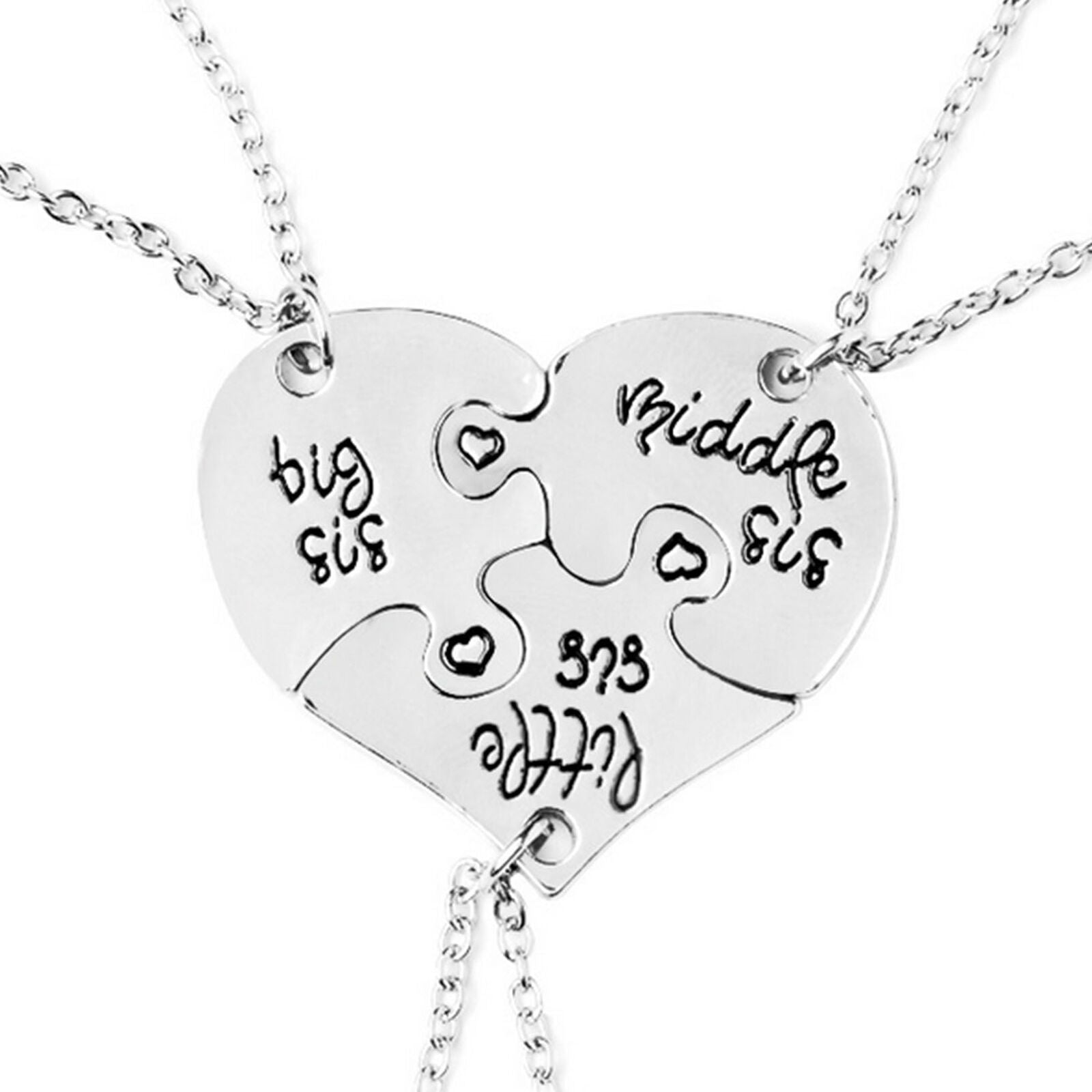 3pcs/Set Heart Puzzle Shape Little Sis Middle Sis Big Sister Pendant Necklace