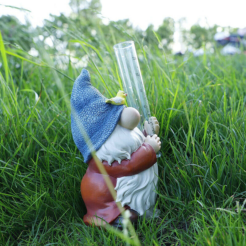 Gnome Rain Gauges Garden Statue with a Plastic Rain Gauge Hand Painted Sculpture