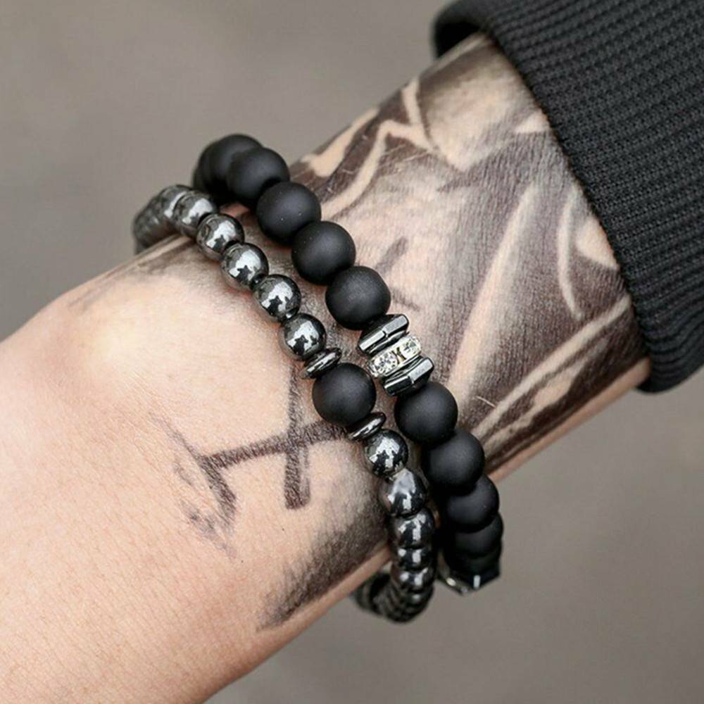 2Pcs Natural Stone Cooper Beads Bracelet Mens Matte Lava Volcanic Couple Jewelry