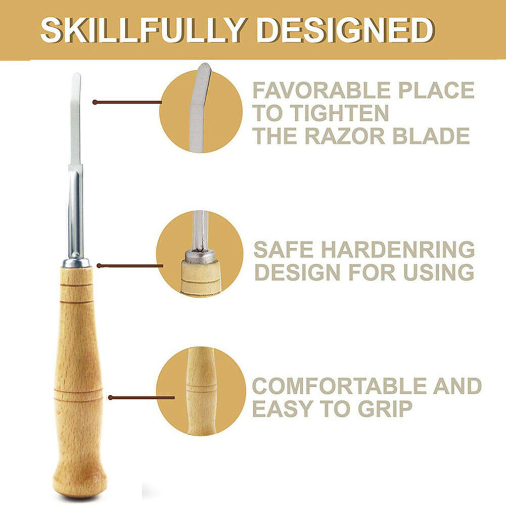 Wood Handle Stainless Steel Bread Arc Curved Cutter with Replacement Blades