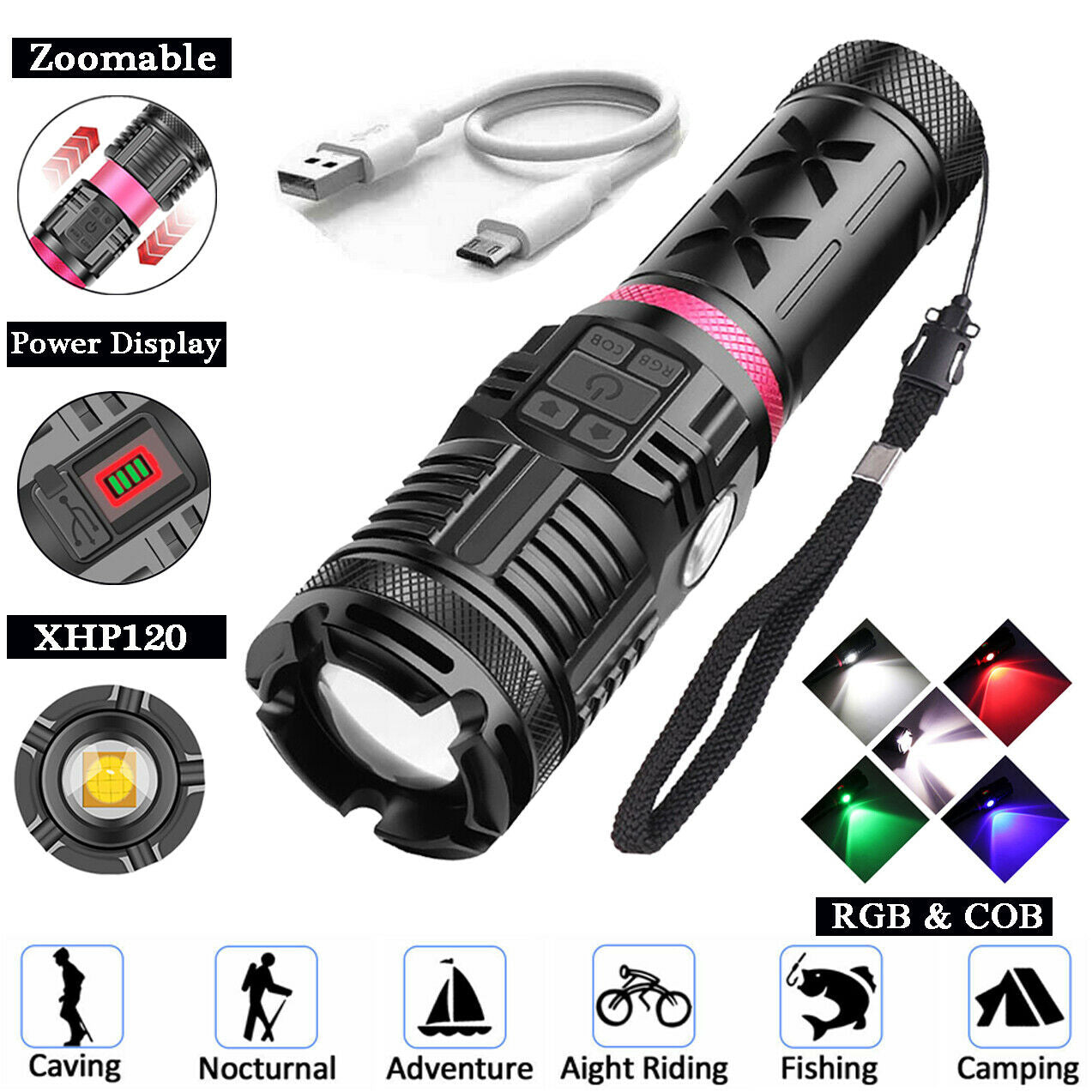 XPE120 COB LED Zoomable USB Rechargeable Flashlight Waterproof Torch Work Light