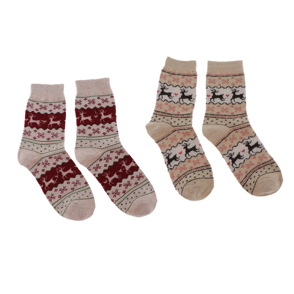 2 Pairs Wool Blend Elk Crew Socks Winter Xmas Holiday Home Floor Ankle Socks