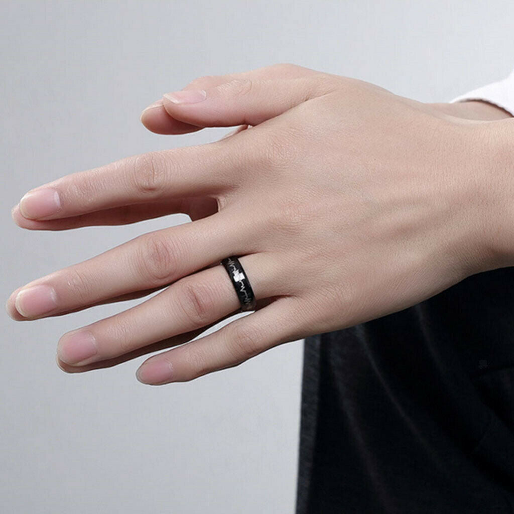 Stainless Steel Heartbeat Comfort Fit Ring Wedding Band Engraved Love US 9