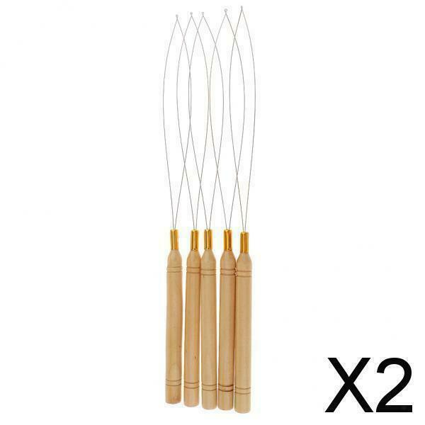 2X 5Pieces Wooden Handle Hair Extensions Loop Needle Threader Pulling Tool Kit