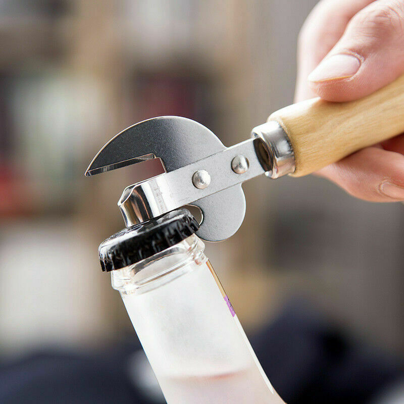 Wood Traditional Stab Old Tin Can Bottle Opener Cork Screw Tool
