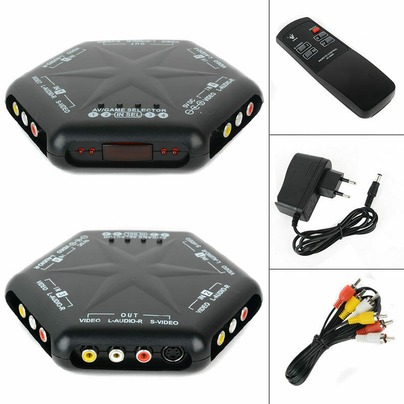 5 Way 4 in 1 out S-Video Audio Game RCA AV Switch Box Selector Splitter + Remote