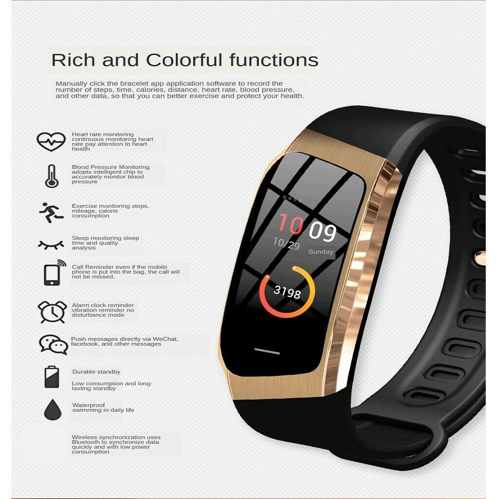 E18 Smart Bracelet Blood Pressure HeartRate Monitor Tracker Black +Golden