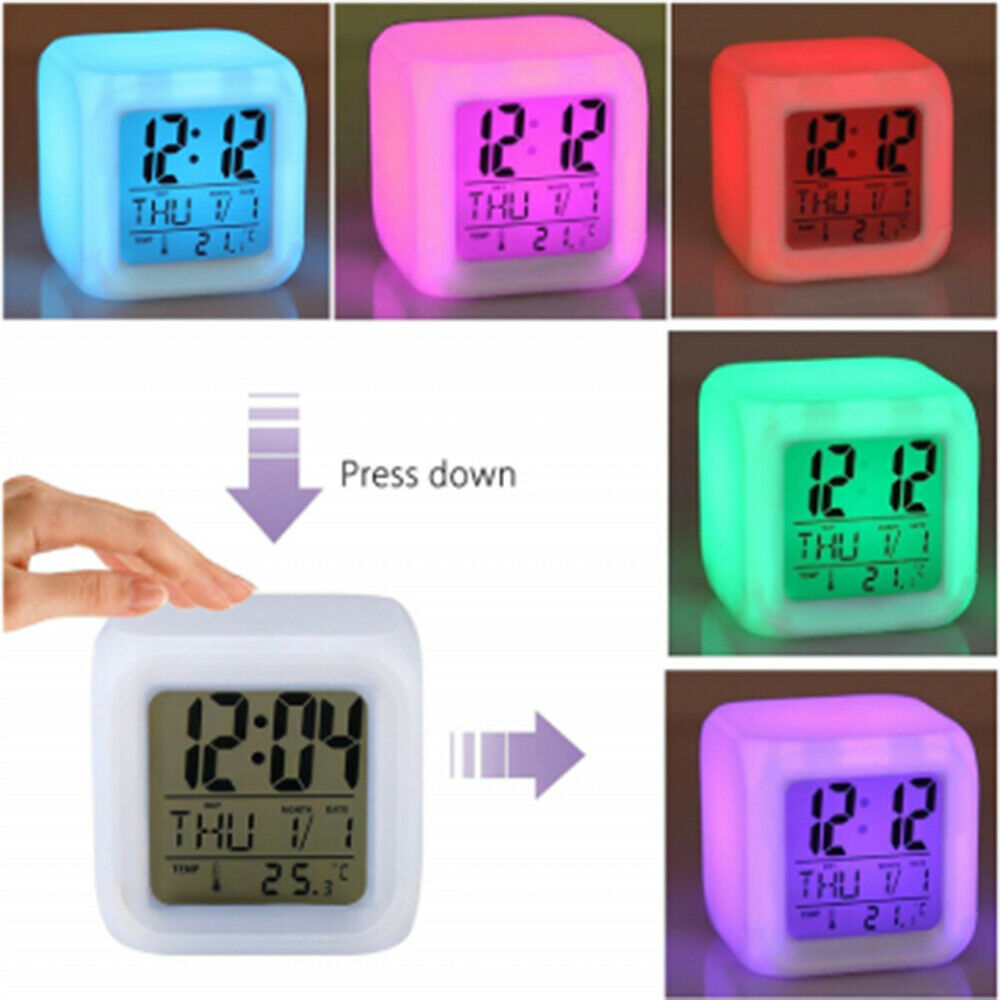 7 Color Glowing Change LED Digital Alarm Clock Thermometer Table Cube Clock Time