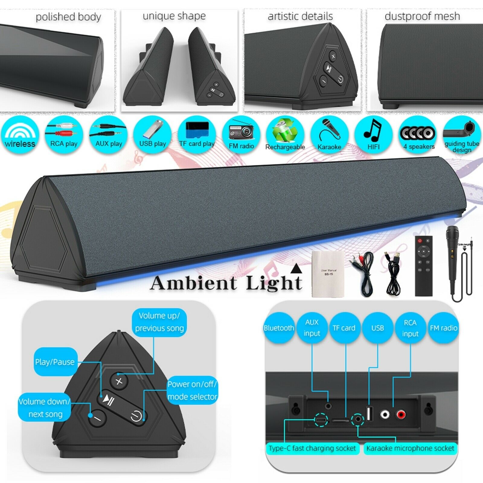 Sound Bar Bluetooth 5.0 with Built-in Subwoofer Soundbar for Home Theater