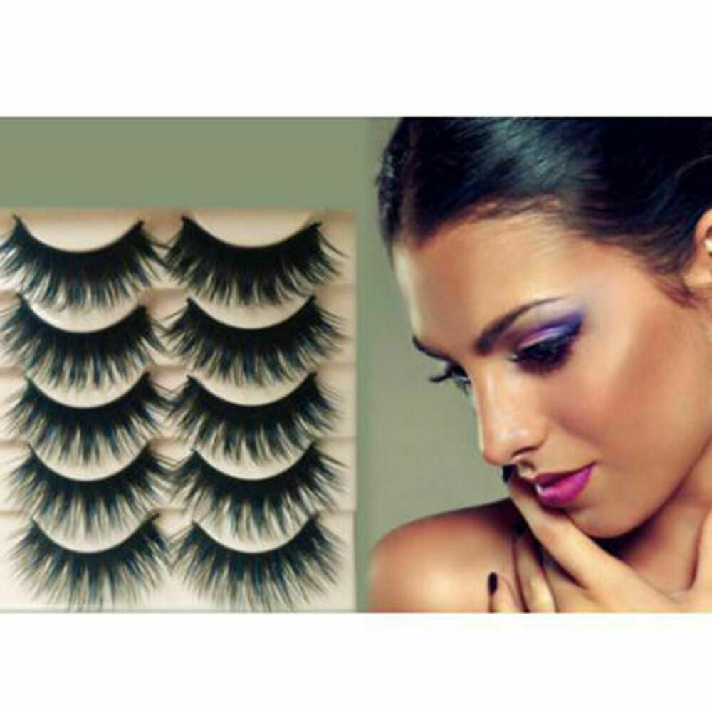 5 Pairs Blue+Black Handmade Long Thick Cross False Eyelashes Makeup Eye Lashes ~