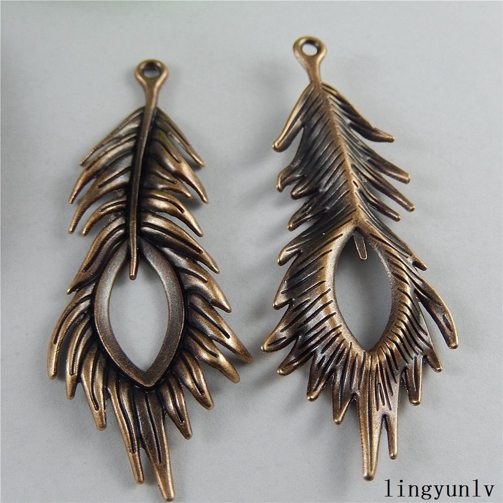 5 pcs Retro Copper Red Alloy Peacock Pendant Charm Feather For Jewelry 71*27*4mm