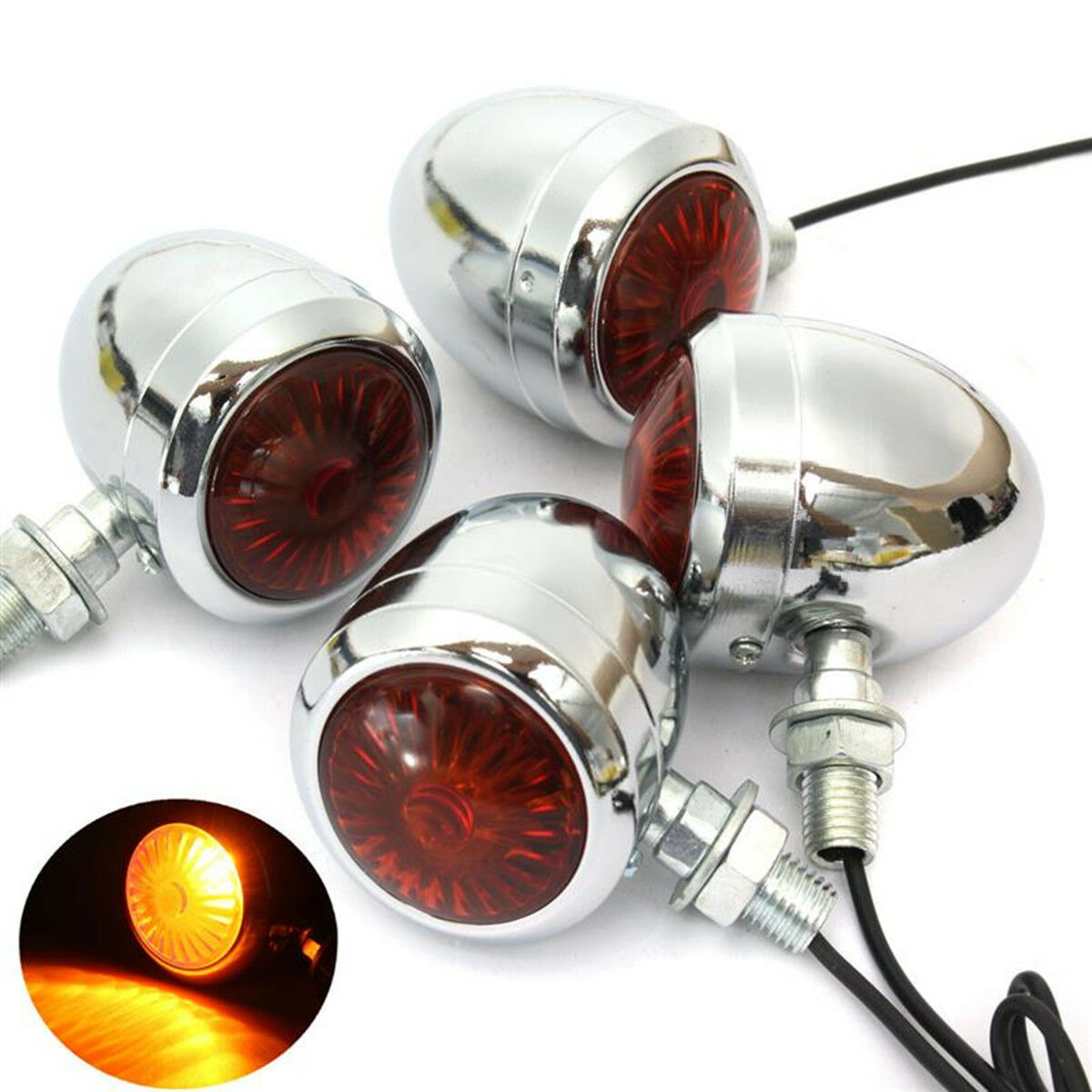 4x Chrome Metal Shell Amber LED Lamp Motorcycle Bike Turn Signal Indicator Light