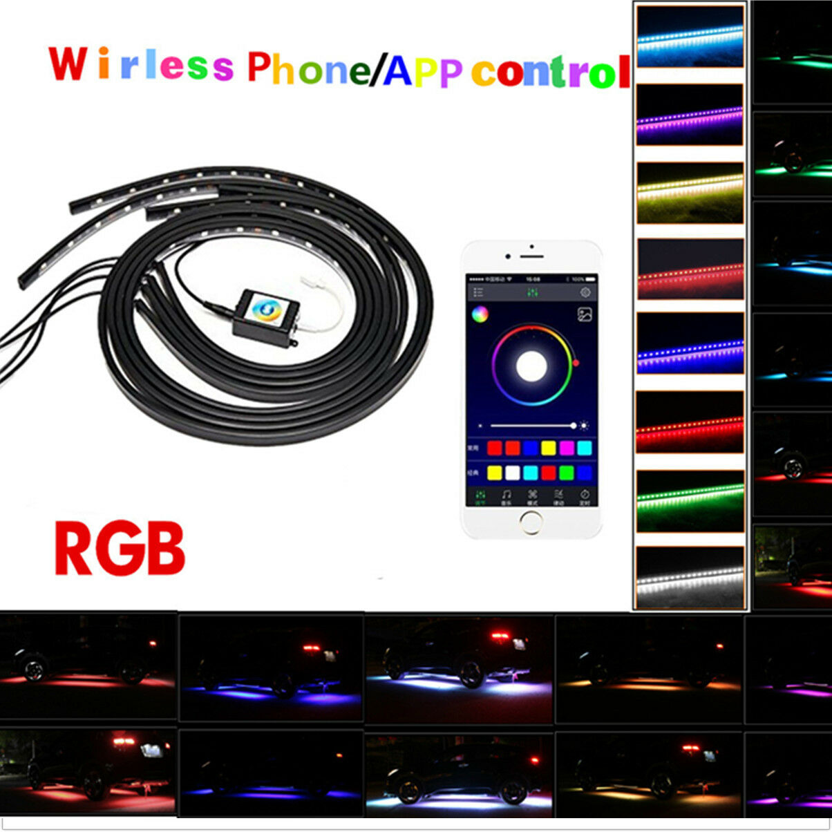 4x RGB LED Under Car Tube Strip Underglow body Neon Light Kit Phone App Control