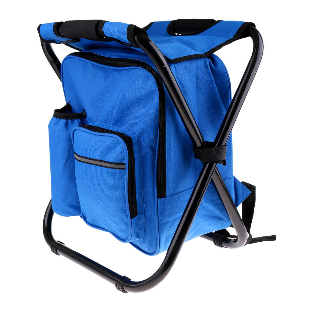 Foldable Backpack Chair Portable Camping Stool with Cooler Bag blue