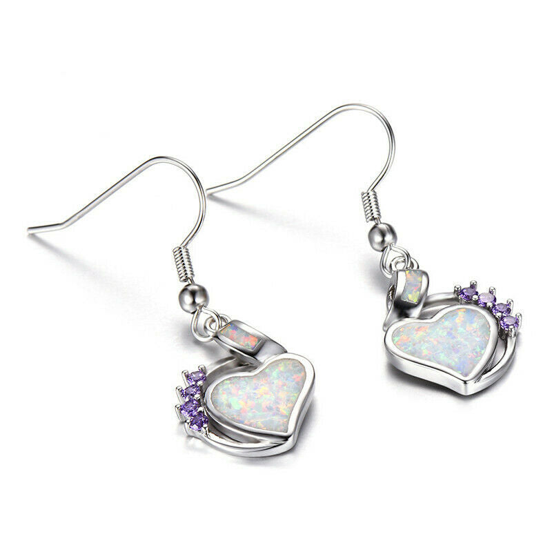 Women White Crystal Simulated Opal Heart Jewelry Hook Drop Dangle Earrings