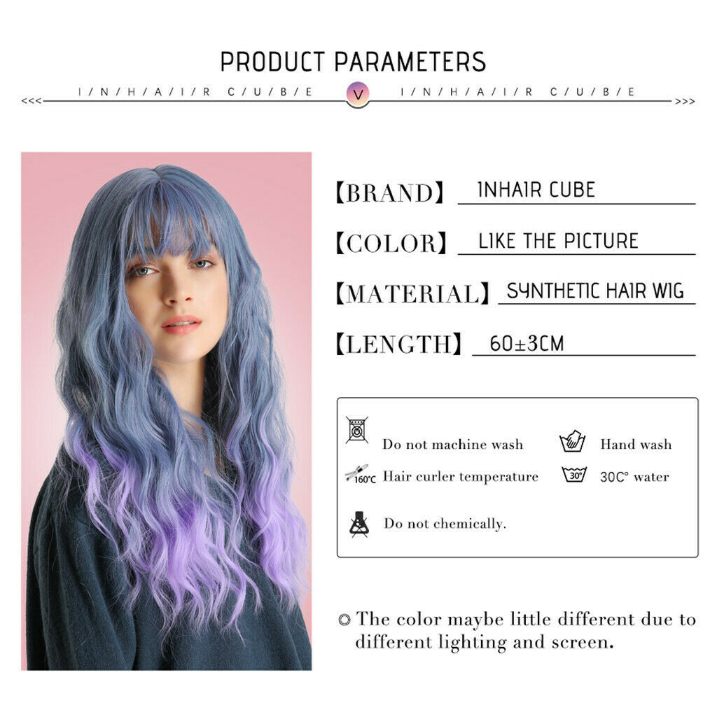 24" Blue Ombre Purple Synthetic Wigs Long Curly Anime Wig for Women w/ Bangs