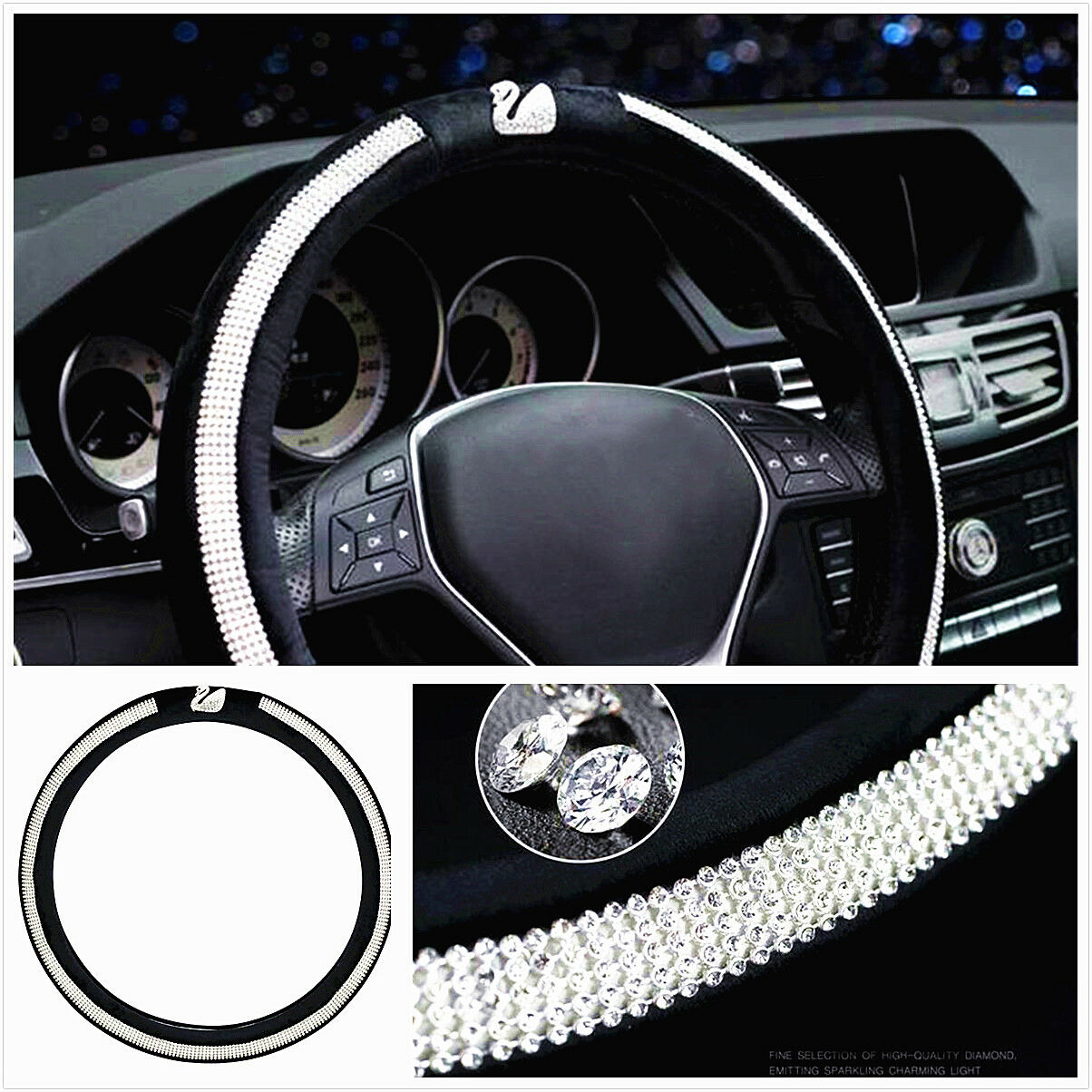 Luxury Lady Shiny Swan Rhinestone Black Leather Car Steering Wheel Cover 15"38cm