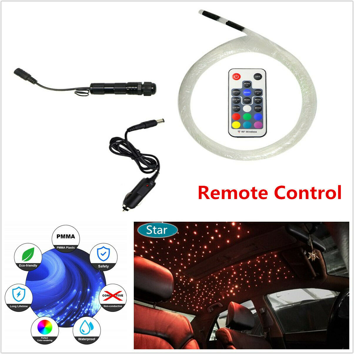 Limo Fiber Optic Star Light Kit Headliner Lighting RF RGB 12V Multi Color Car