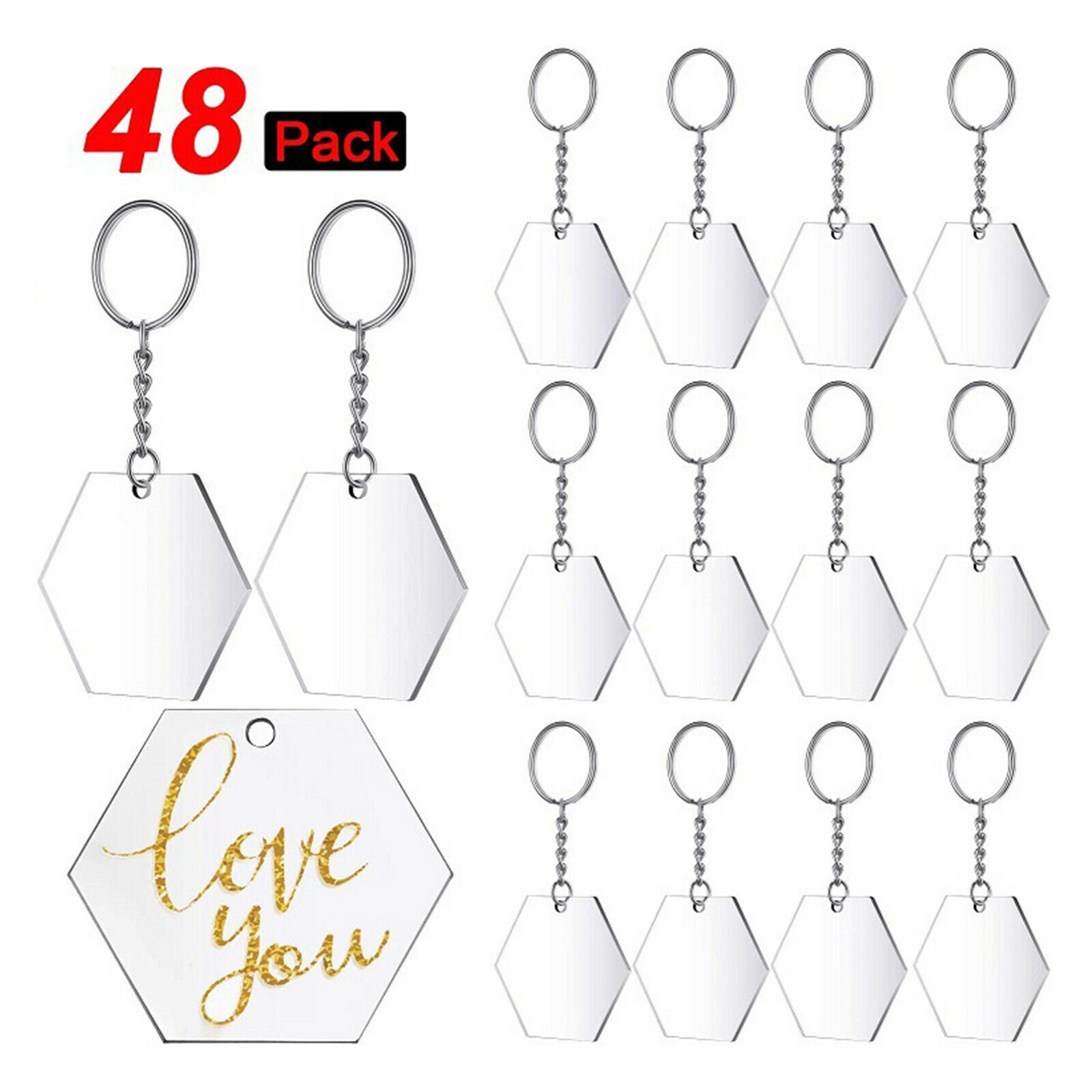 24pcs Transparent Hexagon Acrylic Key Chains Keychains Blanks Discs Keyrings