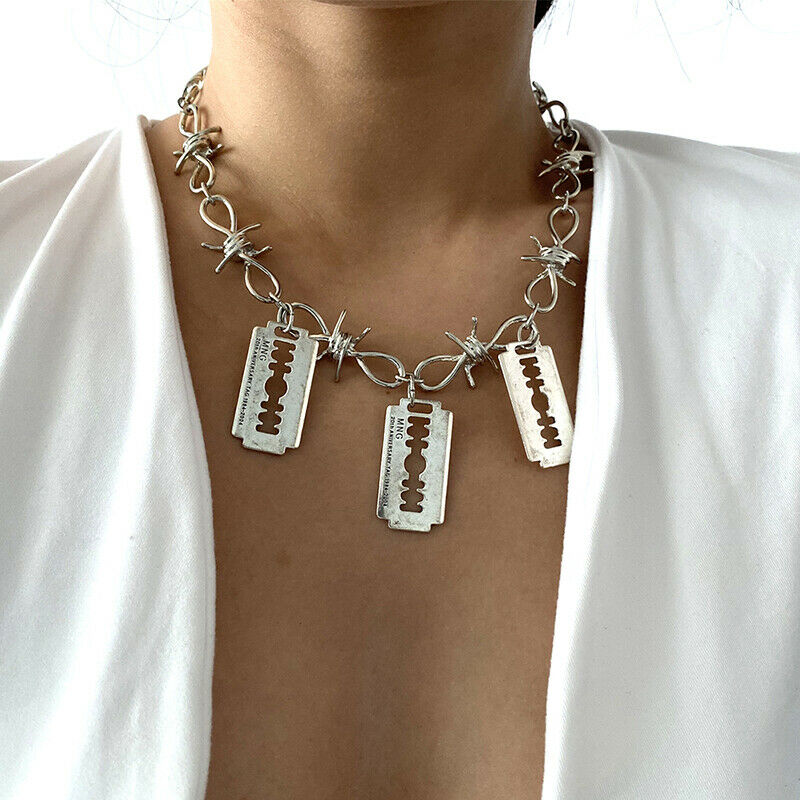 Punk Barbed Wire Brambles Blade Pendant Necklace Jewelry Hip-hop Choker Wom T Rf