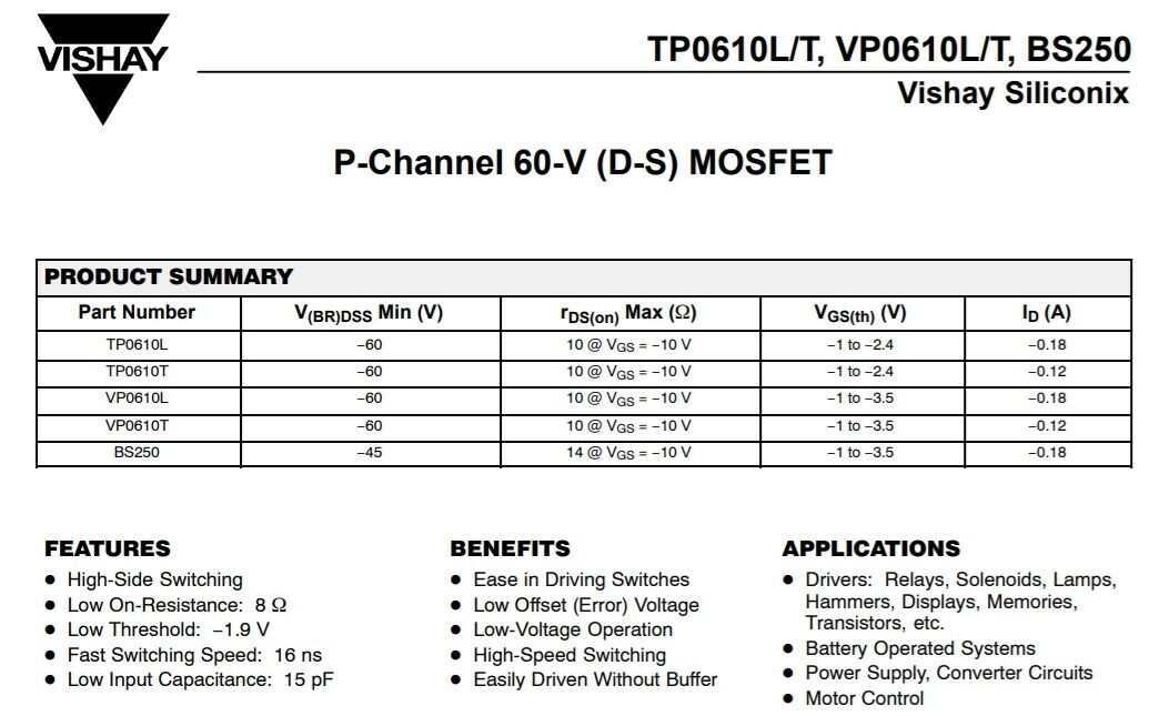 10pcs- Siliconix TP0610L P-Channel MOSFET 60V  TO-92 Transistor
