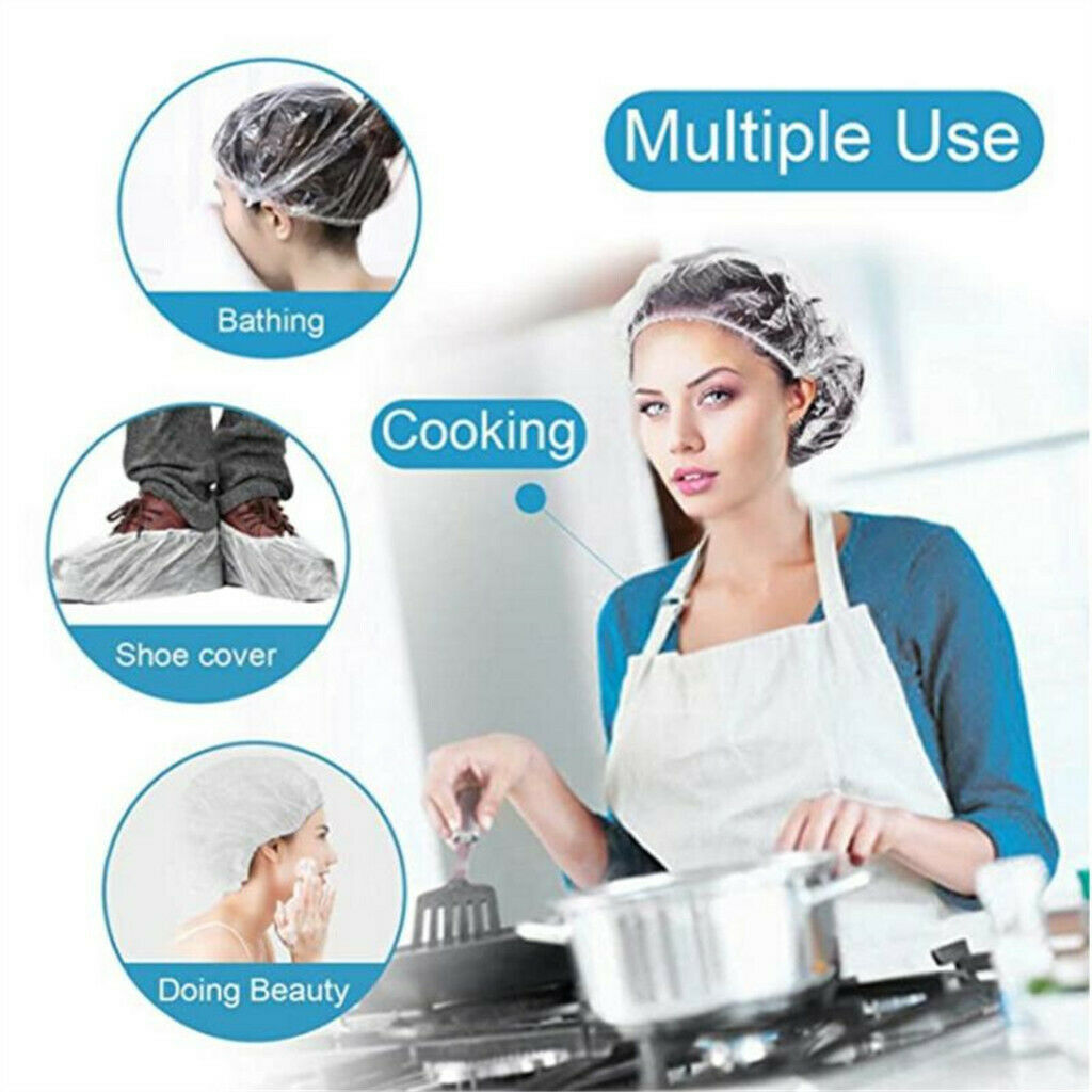 100Pc Disposable Plastic Clear Shower Bathing Caps Elastic Waterproof Hair Cover