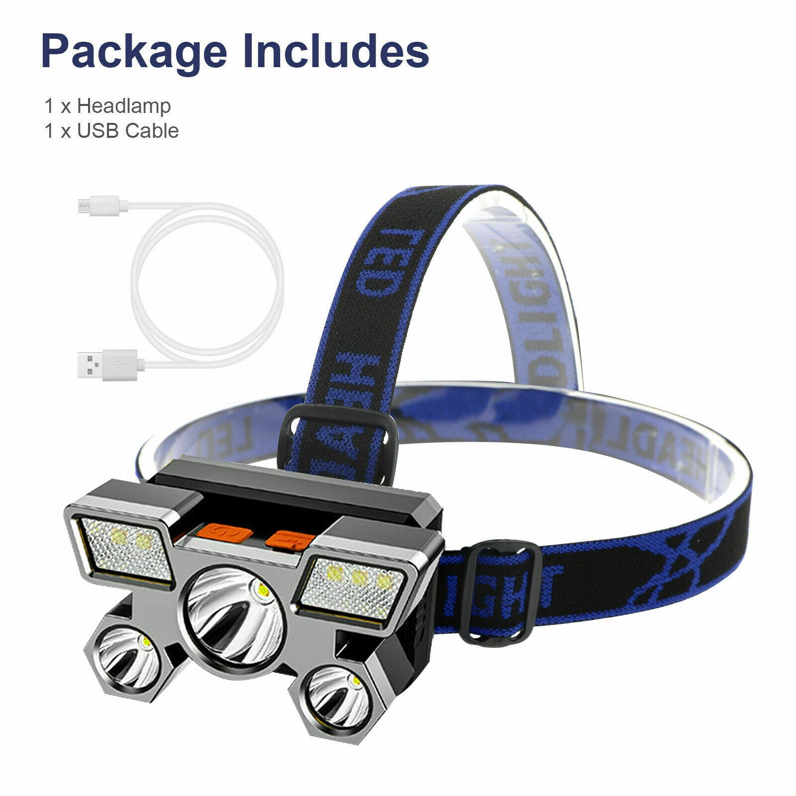 Waterproof 5LED Headlamp USB Rechargeable Headlight Torch Flashlight Light 4Mode