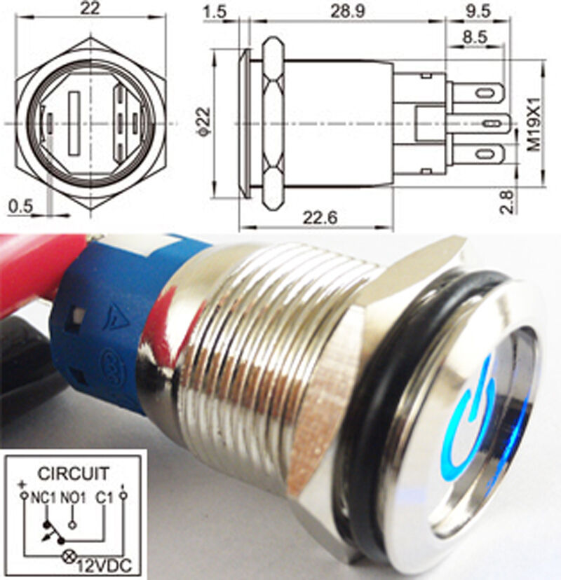 1pc Metal Flat Blue Led Push Button Waterproof Self-Locking Switch 19mm QN19-C5