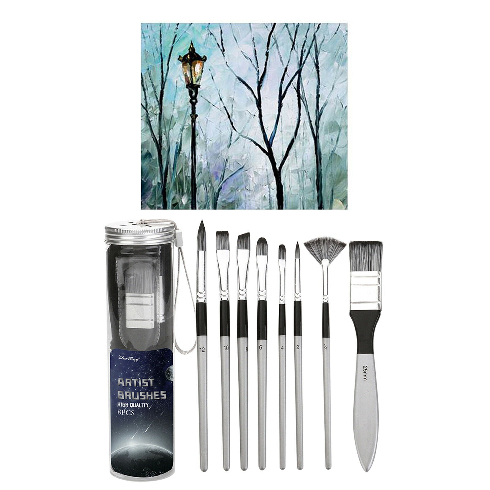 8x Painting Brushes Flat Round Fan Acrylic Watercolor Paintbrush Storage Bag