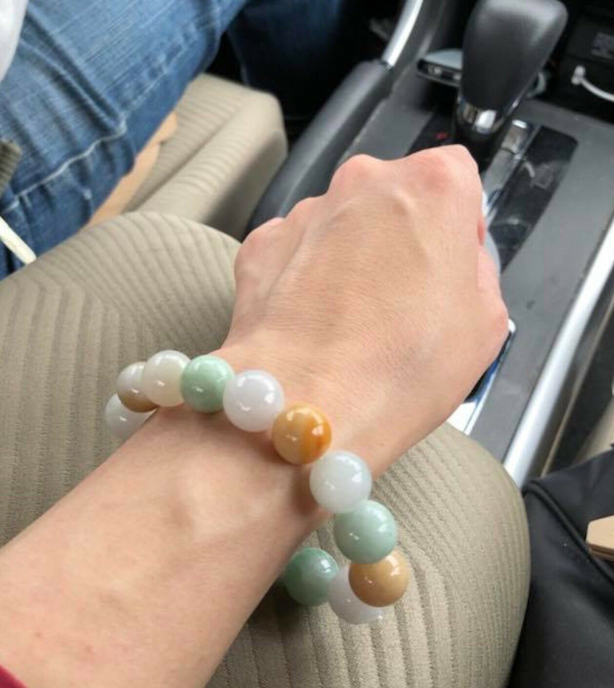13.5MM Certified Grade A - SHINNY Green Yellow White ä¸‰å½© Jadeite Beads Bracelet