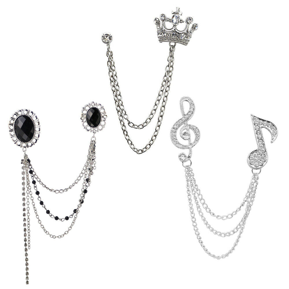 Fashion Crystal Tassels Gem MUSIC SYMBOL Crown Chain Suit Collar Brooch Pins