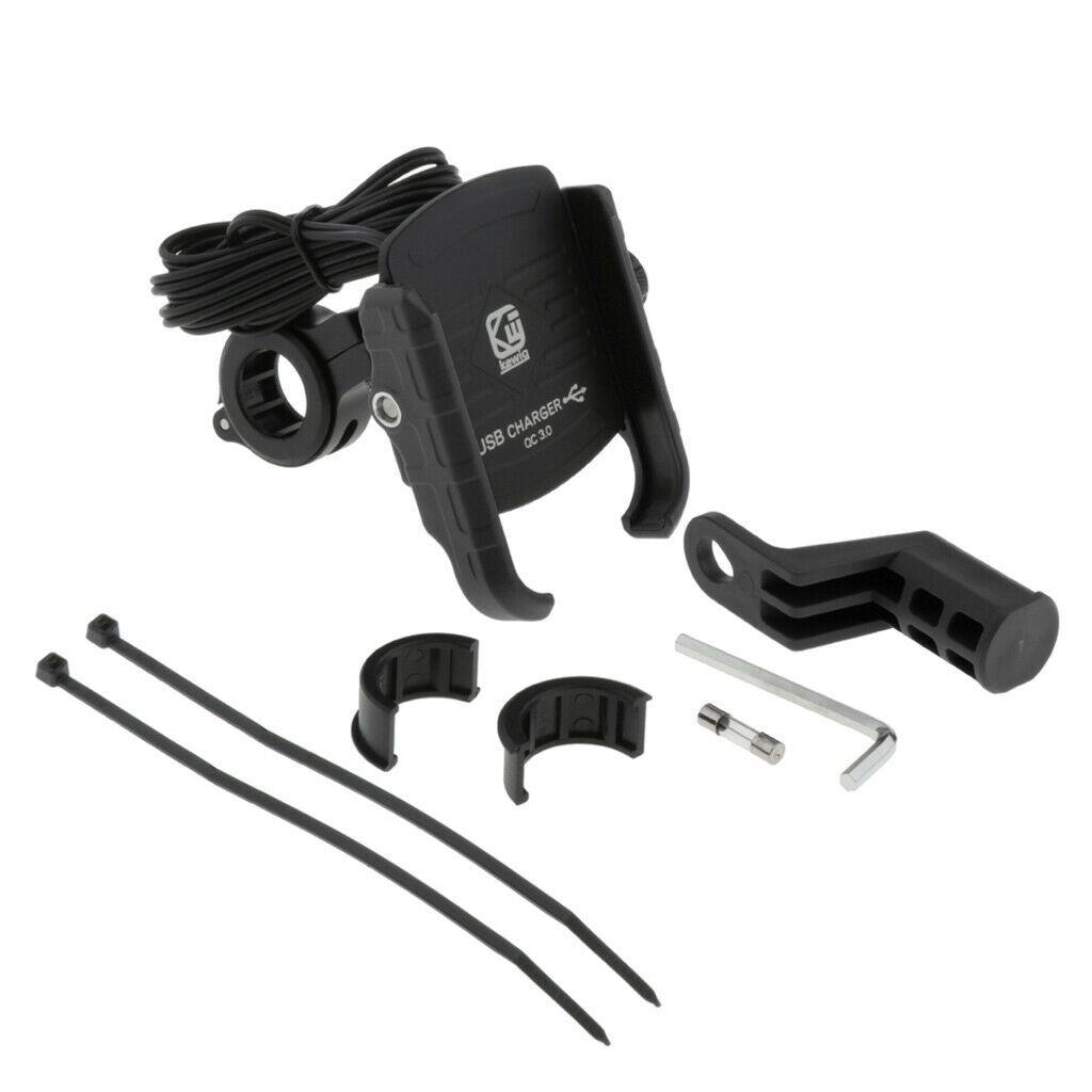 Stable Motorcycle Handlebar Phone Holder+QC3.0 Smart Quick Charger Black