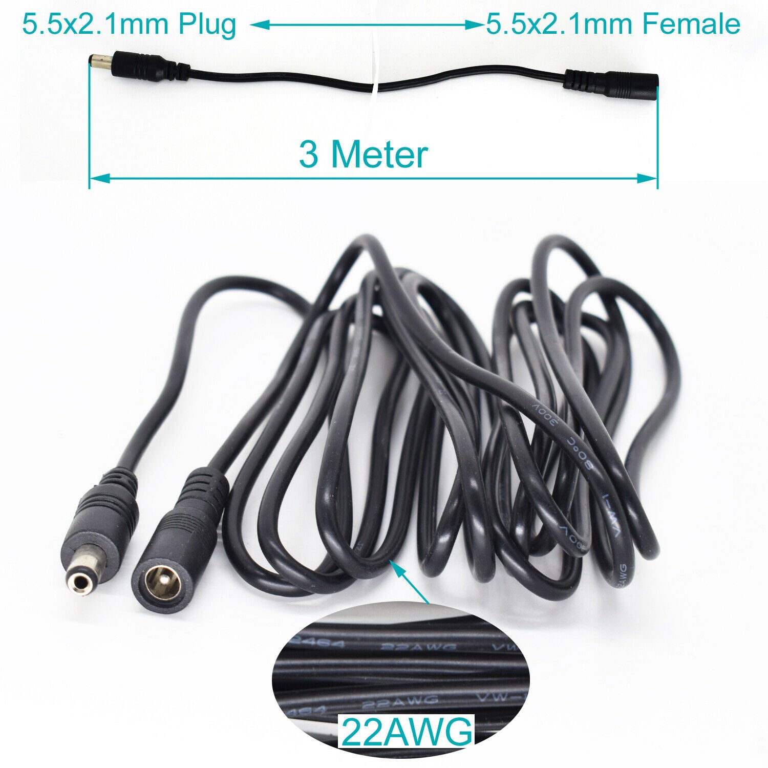 5pcs 10ft DC Power Supply 5.5mmx2.1mm 2.1mm Male to Female Extension Cable 22AWG