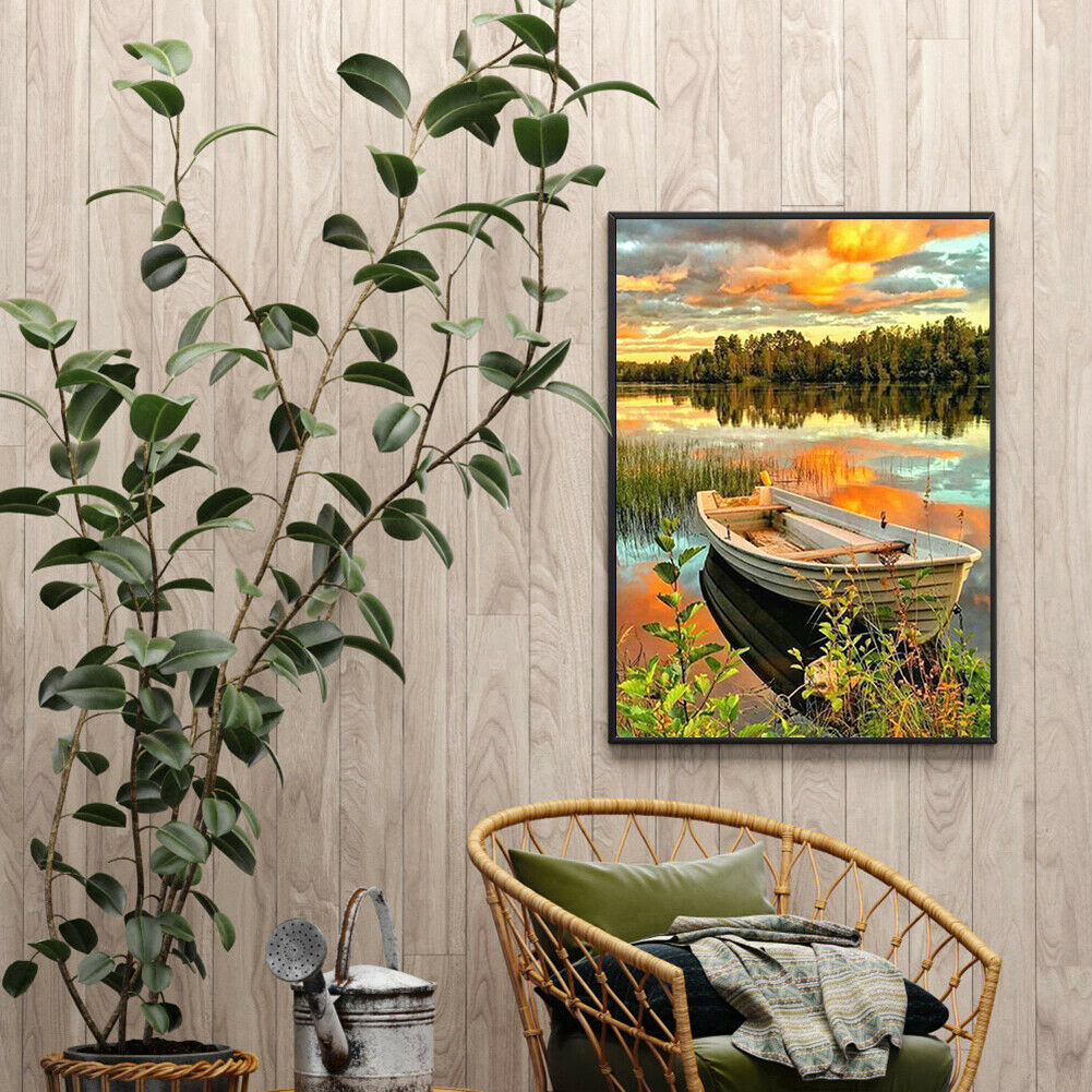 Lake Boat 5D DIY Full Square Drill Diamond Painting Rhinestone Decor Crafts @