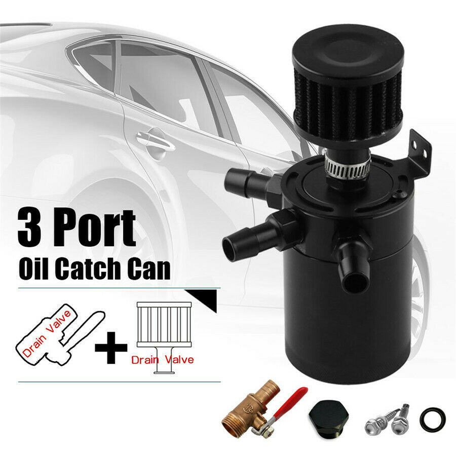 Universal 3-Port Oil Reservoir Catch Can Tank with Filter Drain Valve Breather