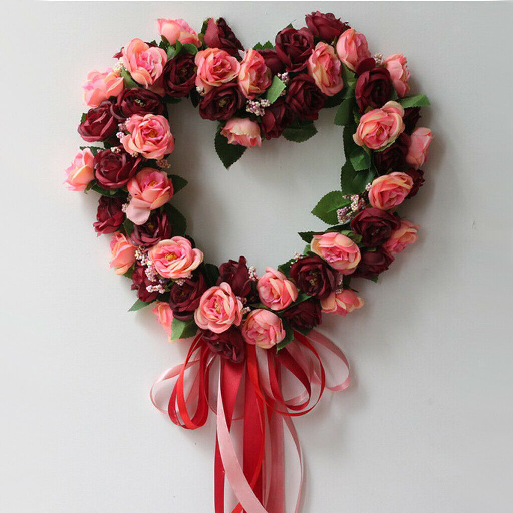 Artificial Rose Wreath Heart Shaped Wreath with Red Silk Ribbon, Wine Red Rose