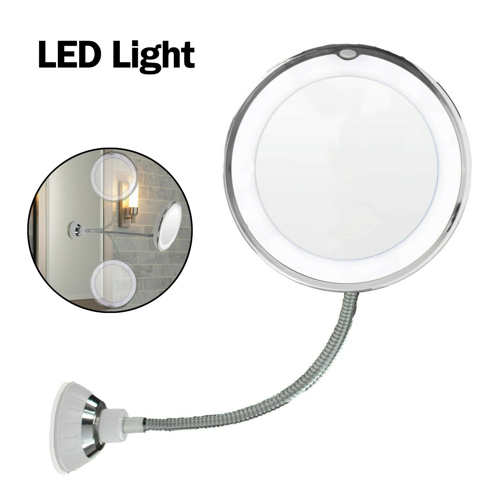 10X Flexible Gooseneck Makeup Mirror with LED Light Bathroom Suction Cup 7" CA