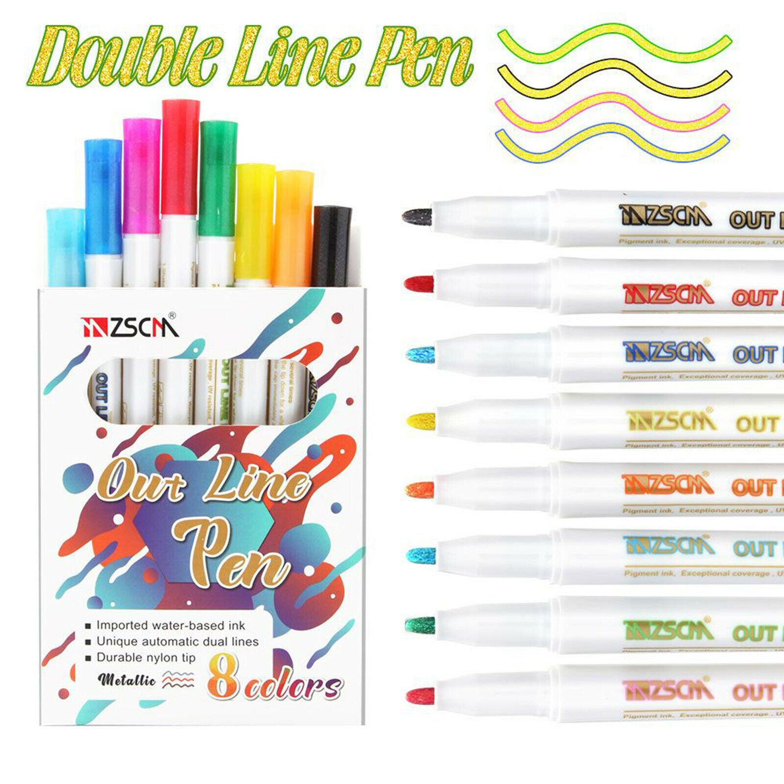 8 Colors Metallic Markers Double Line Outline Pens Writing Drawing Pens Painting