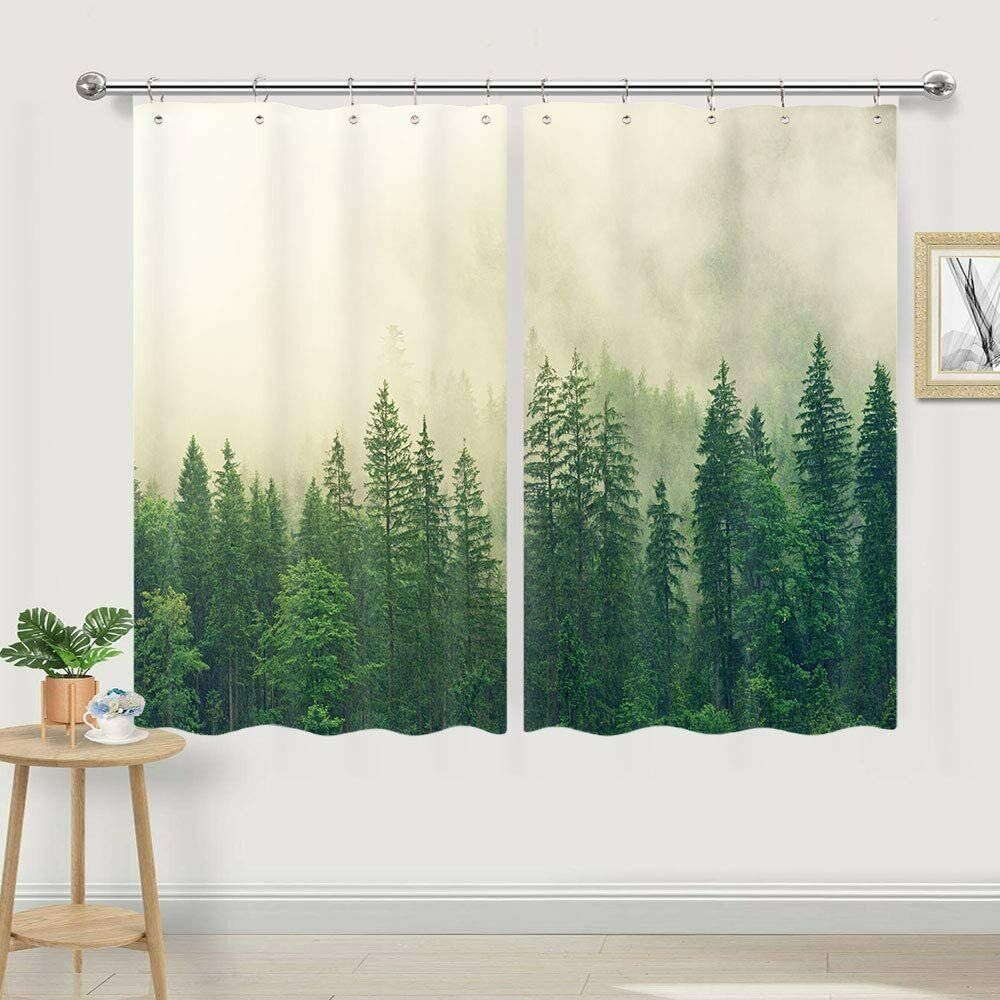 Forest Fog Woods Trees Nature Landscape Forest Pine Tree Kitchen Curtain 55X39in
