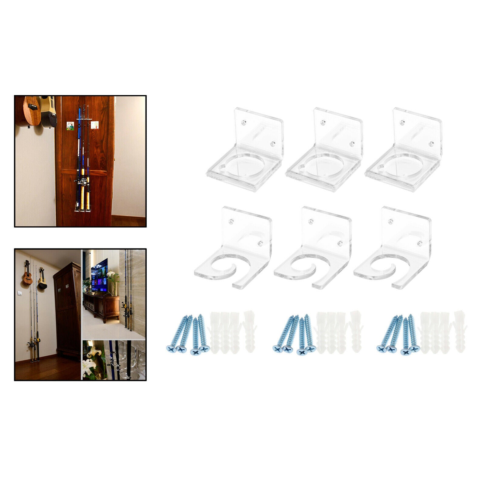 Clear Acrylic Fishing Rod Holder 3-Rod Pole Rack Vertical Wall Mounted