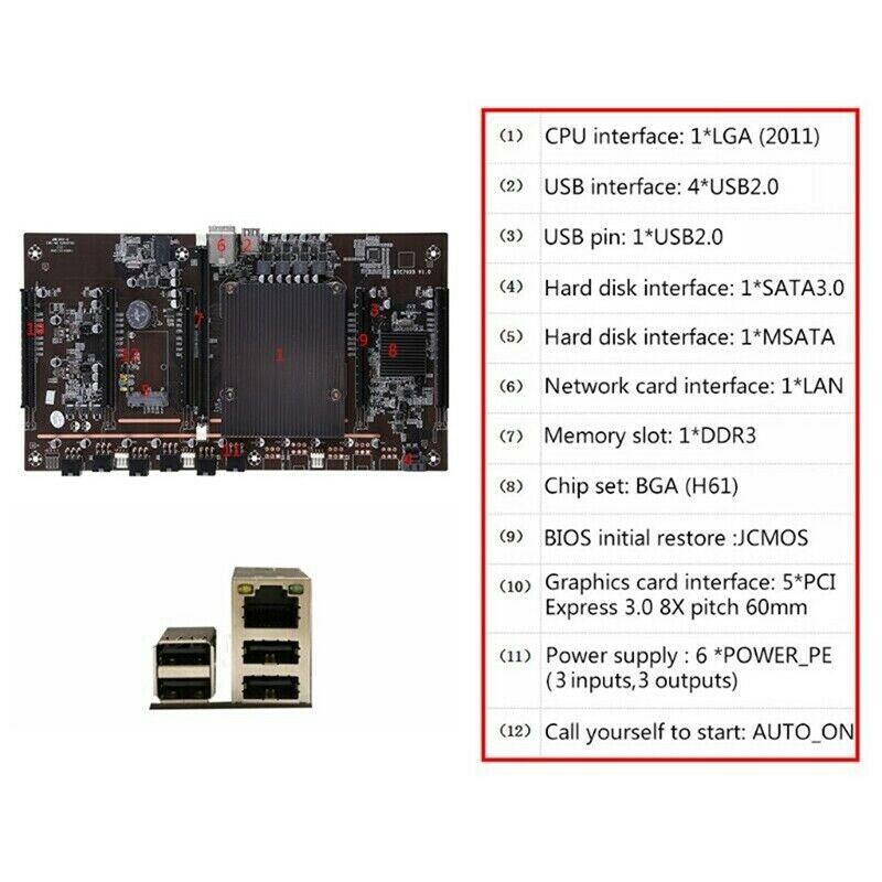 X79 H61 BTC Mining Motherboard LGA 2011 DDR3 Supports 32G 60mm Pitch Support RY6