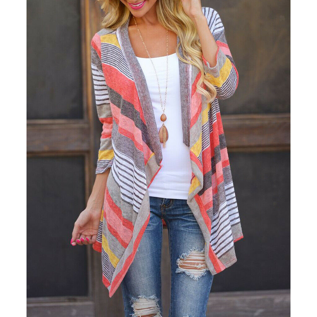 Women's 3/4 Sleeve Irregular Stripe Open Front Shawl Kimono Cardigan Red S