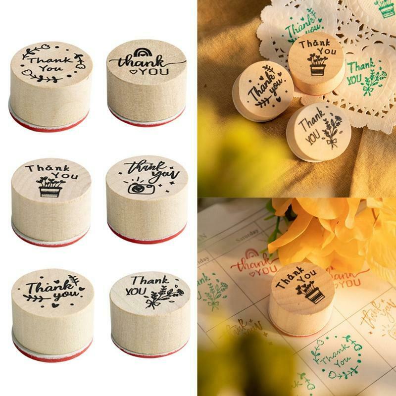 6pcs Card Making Stamps Set Thank You Decorative Mounted Wooden Rubber Stamp DIY