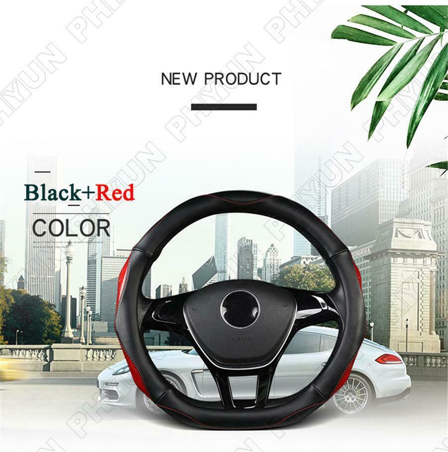 Black Leather + Red Carbon Fiber Car Steering Wheel Cover Type D 38 CM Universal