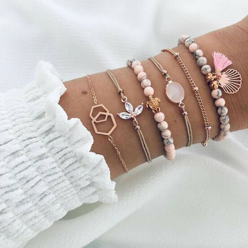 6Pcs/set Pink Bohemian Beads Bracelets Bangles Women Wrist Chain Bracelet.l8