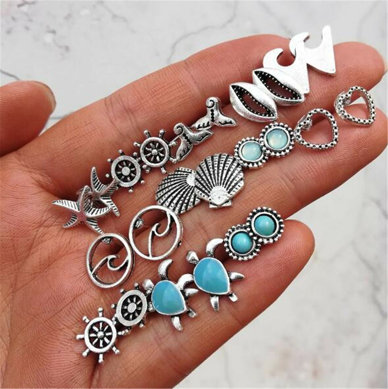 12 Pairs Mix Cute Earrings Sea Turtle Mermaid Tail Rudder Ear Stud Earrings Set